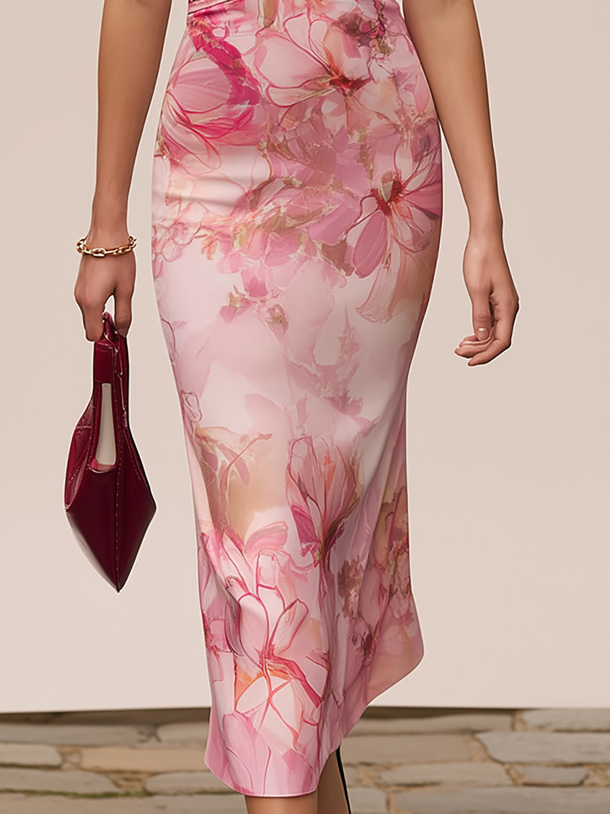 Dresslyn Elegant Pink Satin Floral Print Halter Midi Dress