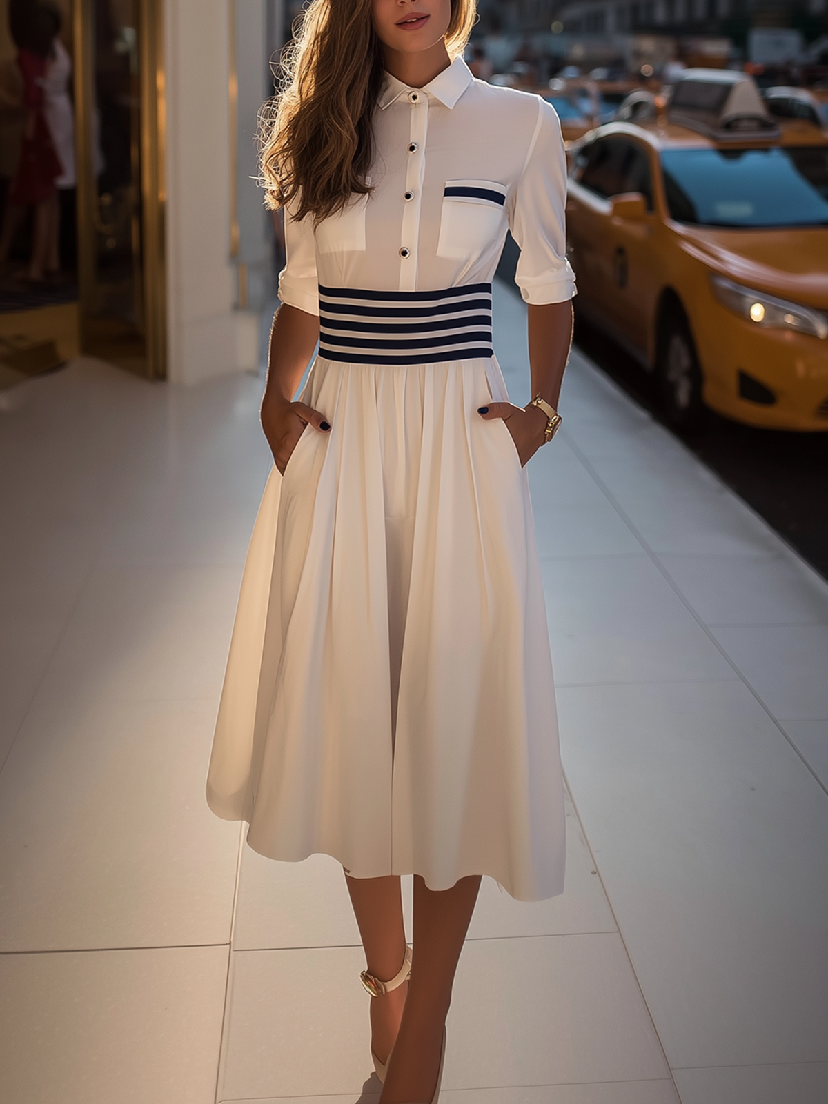 Dresslyn White Shirt Midi Dress with Striped Waistband