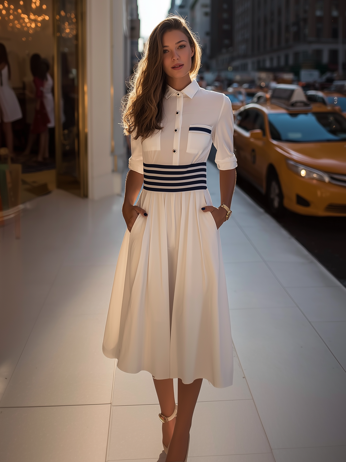 Dresslyn White Shirt Midi Dress with Striped Waistband
