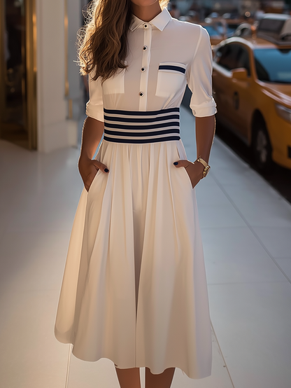 Dresslyn White Shirt Midi Dress with Striped Waistband